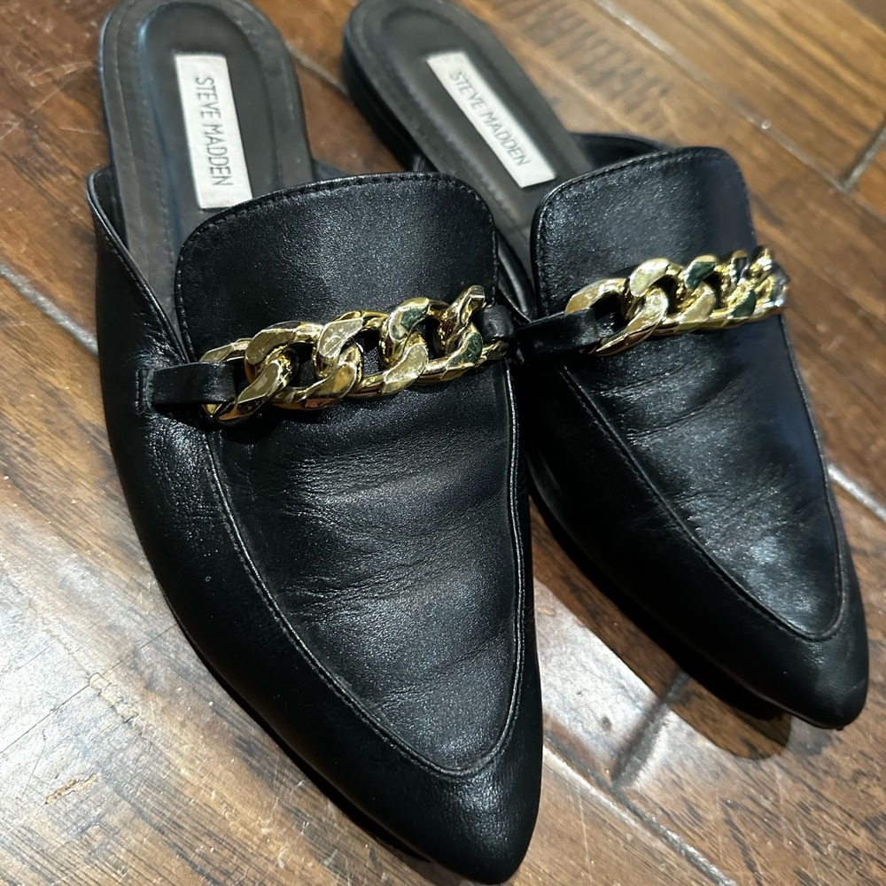 Steve Madden Black Mules with Gold‎ Accent